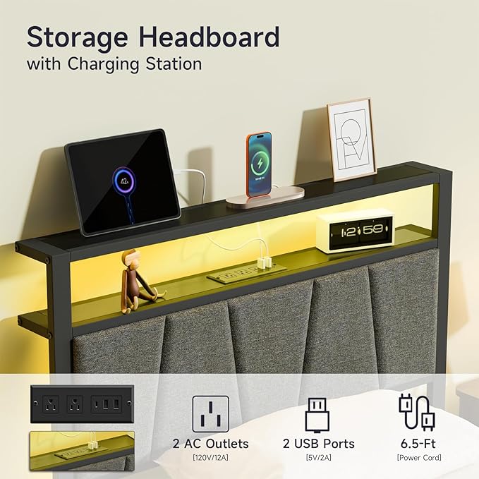 Z-hom Storage Headboard with Charging Station Twin Bed Frame, LED Bed with Upholstered Headboard and Footboard, Metal Platform Bed with 2-Tier Shelves, Easy Assembly, No Box Spring Needed, Noise Free