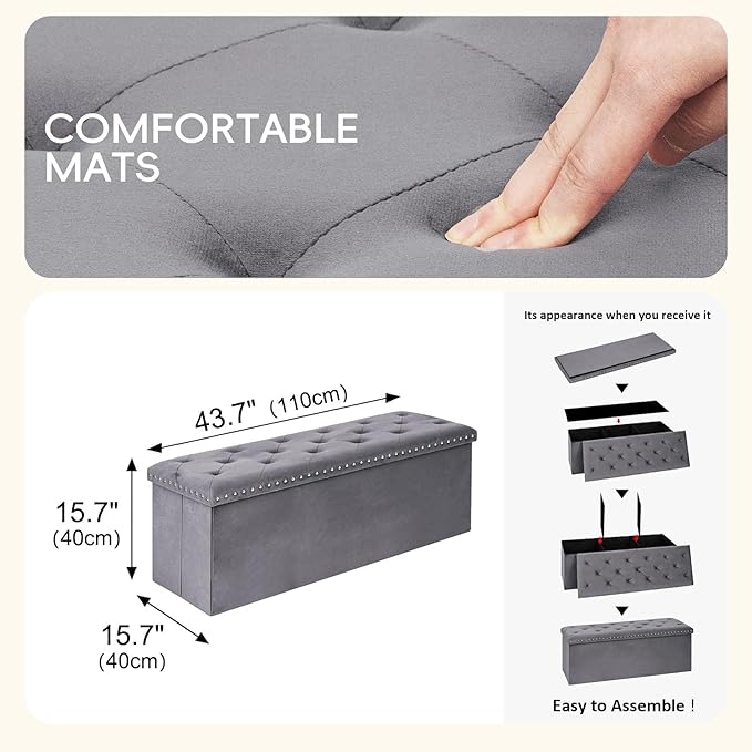 PINPLUS Storage Ottoman Bench with Benches Foot Rest Stool, Large Long Folding Velvet Shoes Chest for Bedroom, Living Room,（Grey） 43.3"x15.7"x15.7"