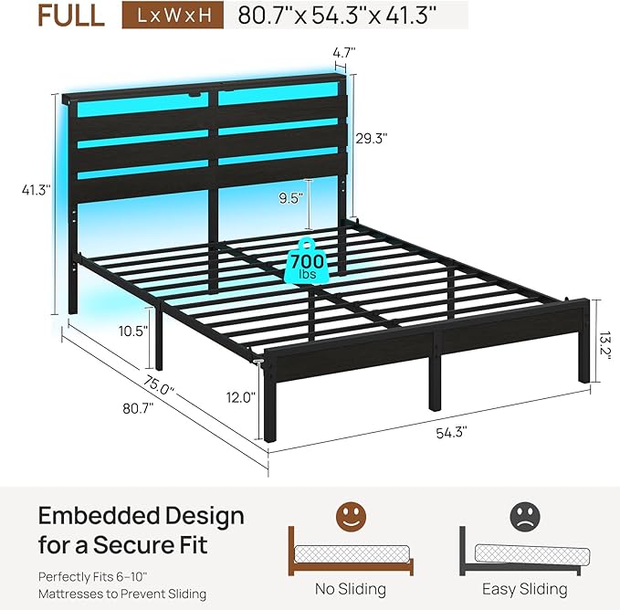 Rolanstar Full Size Bed Frame with LED Lights and Charging Station, Wood Storage Headboard and Under Bed Storage, Metal Platform, Noise Free, No Box Spring Needed, Balck Oak