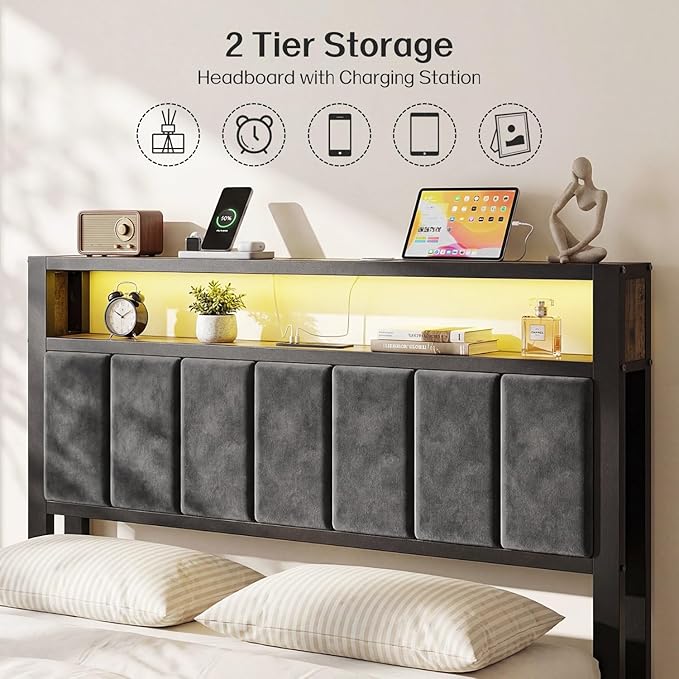 OLEVS Full Bed Frame with Headboard, Metal Platform Bed Full Size with 2-Tier Storage, LED Light & Charging Station Type C, No Box Spring Needed