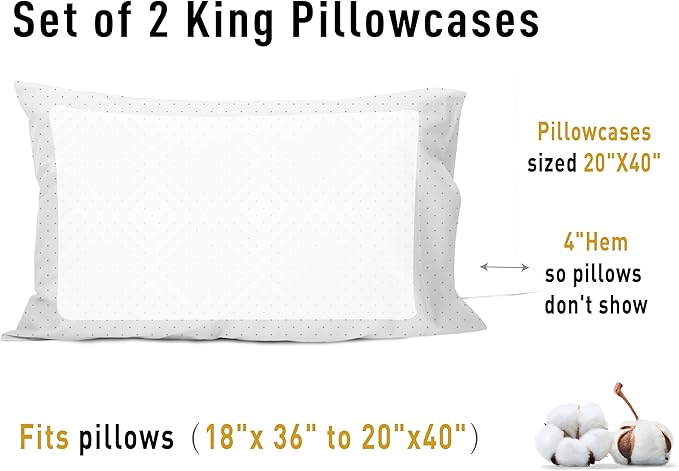 Sunflower King Pillowcases Set of 2, 100% Cotton King Size Pillow Cases 2, 20×40 inches Powder Dots, Soft and Breathable
