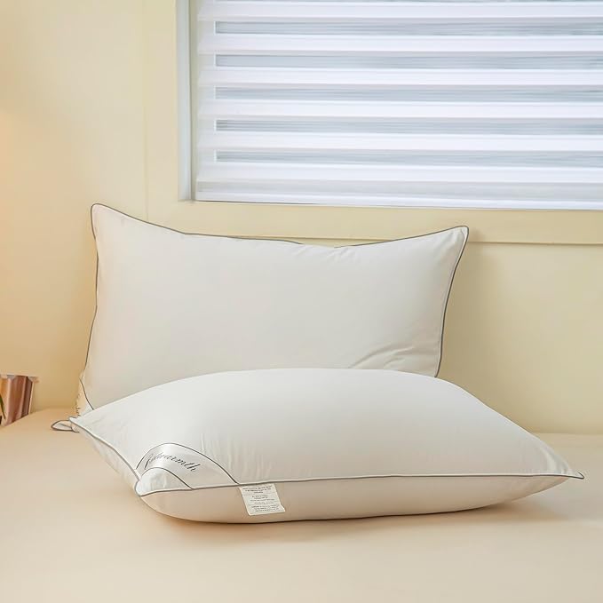 Goose Feathers Down Pillows for Sleeping, Hotel Collection Bed Pillow with Grey Piping Standard Size (20X26IN) 1 Pack