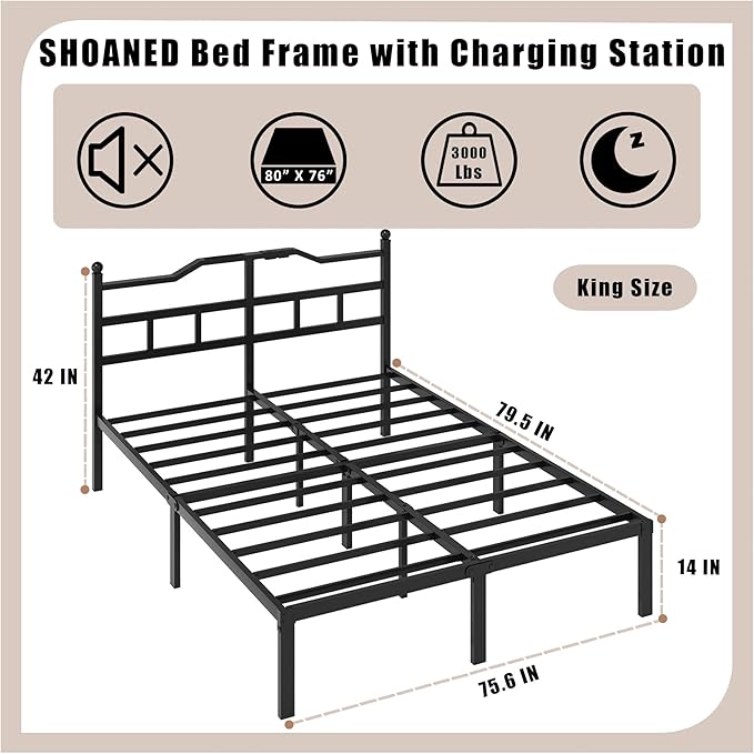 SHOANED Metal Bed Frame with Charging Station - 14 Inch King Size Heavy Duty Bedframe with Headboard Black Basic Steel Slats Platform No Box Spring Needed/Noise Free