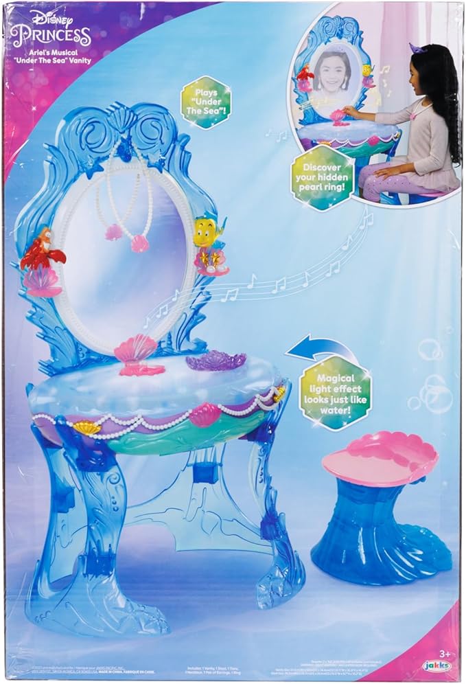Disney Princess Ariel Vanity for Girls with Lights & Sounds, Plays "Under The Sea" - Magical Light Up Effect Looks Just Like Water! Pretend Play Girls Vanity Set with Mirror and Stool
