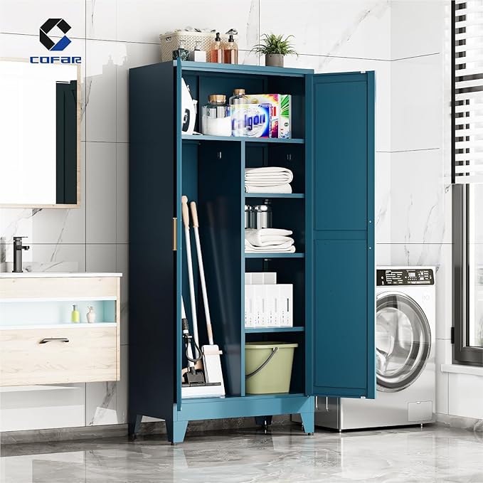 COFaR 71'' Tall Wardrobe Closet with Doors, Metal Bedroom Armoire with Adjustable Hanging Rod and Shelves, Farmhouse Broom Closet Storage Cabinet for Garage Laundry Office, Peacock Blue
