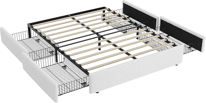 Allewie Queen Size Bed Frame with 4 Oversized Storage Drawers, Soft Teddy Fabric, Boucle Upholstered Platform Bed, Wooden Slats Support, Noise-Free, No Box Spring Needed, Easy Assembly, White