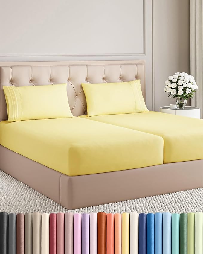 Split King Size 5 Piece Sheet Set - Comfy Breathable & Cooling Sheets - Hotel Luxury Bed Sheets for Women & Men - Deep Pockets, Easy-Fit, Soft and Wrinkle Free Sheets - Yellow Oeko-Tex Bed Sheet Set