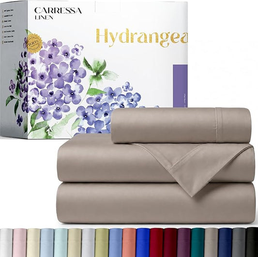 Carressa Linen 100% Egyptian Cotton Twin XL Sheets Set - 600 Series Hydrangeas Collection Luxury Egyptian Cotton Sheets Twin XL Size (3 PC, Taupe), 16" Deep Pocket, Sateen Weave Bedding