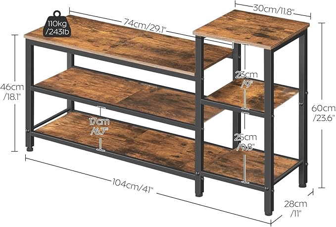 YATINEY 3-Tier Shoe Rack Bench, Wooden Shoe Storage Bench, Industrial Entryway Bench with Storage, Multi-Functional Shoe Rack with Seat for Bedroom, Hallway, Living Room, Rustic Brown and Black HX05BR
