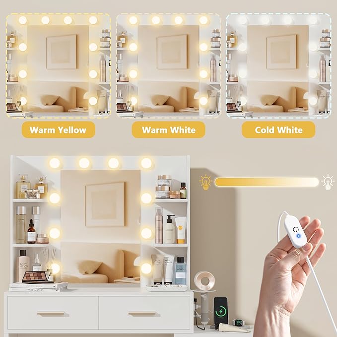 Furmax Makeup Vanity Desk with Mirror and Power Outlet, Vanity with 3 Color Light Options Adjustable Brightness, Vanity Table with 5 Drawers, 6 Storage Shelves, Nightstands (White)