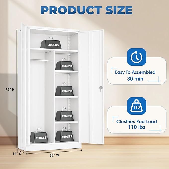 INTERGREAT Wardrobe Cabinets with Locking Doors and Shelves, Clothing Locker 72“ X 32“ X 16“ Storage Cabinets for Home Room, School, Employee,Gym (White)