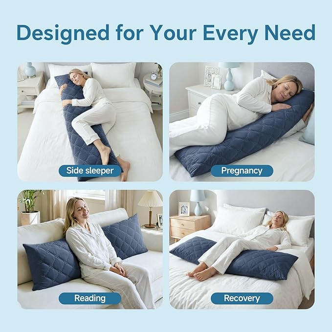 BEDELITE Cooling Body Pillow for Adults, Creative Ultra Soft Cool-Touch Quilted Nylon-Spandex Body Pillow Cover, Adjustable Memory Foam Long Pillow for Side Sleepers, Pregnancy & Back Pain(Navy Blue)