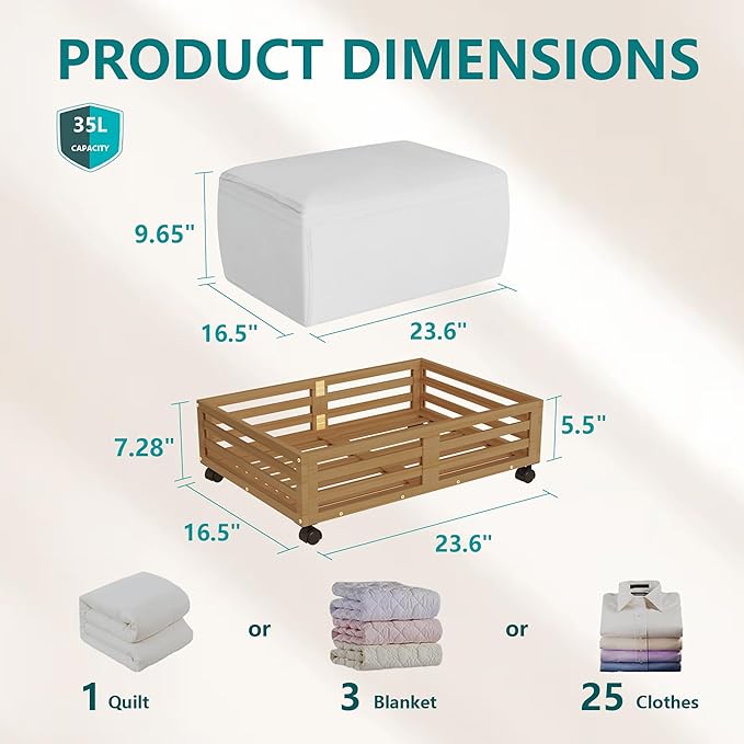 Wisuce Bamboo Under Bed Storage Containers- Underbed Organizer with Wheels with Dust Bag,Sturdy Wood Rolling Under the Bed Shoe Storage Organizer Drawers (Brwon, 2 Pack (23.62"×16.54"))
