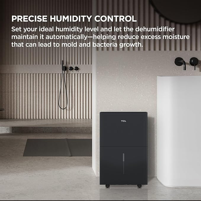 TCL 50-Pint Capacity Quiet, Energy Efficient Portable Smart Dehumidifier with Pump, Bucket or Continuous Drain, Smart Home Compatible, Humidity Control for Home, Apartment, Rooms up to 4500 Sq Ft