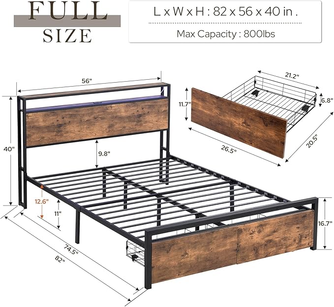 Zevemomo Full Bed Frame with Drawers, Bed Frame Full with LED Lights, Charging Station with 3 USB Ports & 1 Type-C Port, Full Platform Bed Frame with Headboard, No Noise, Rustic Brown
