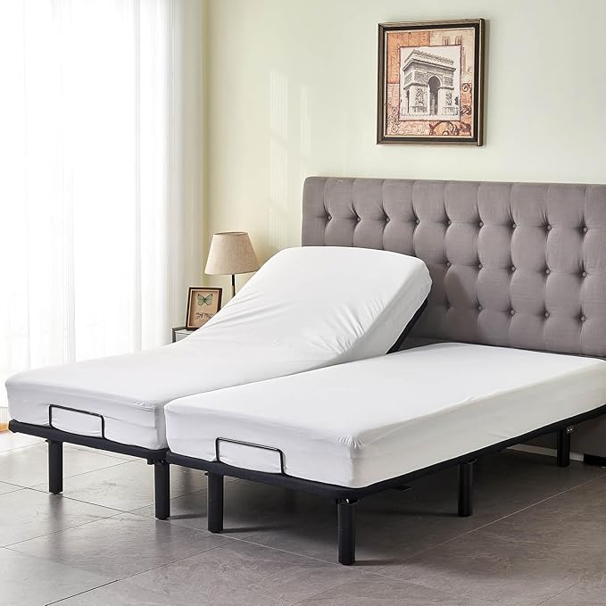 Kingnex Waterproof Split California King Mattress Protector for Adjustable Bed 2 Cali Twin XL Fitted Sheet Style Mattress Cover with Enhanced Elastic Skirt White