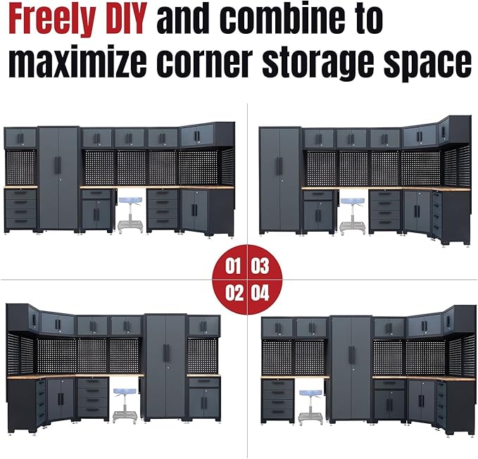 15PCS Corner Garage Storage Cabinet System, Heavy Duty Workshop Set, Corner Cabinet Includes Workbench, Pegboard & Lockable Drawers Metal Tool Organization System for Garage Workshop