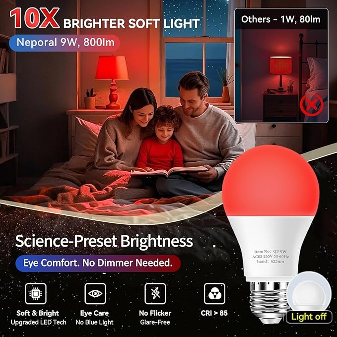 Neporal 625nm Red Light Bulbs for Sleep, 100% Blue Light Blocking Light Bulbs for Melatonin Promoting, A19 LED 9W 60W Equivalent Red Night Light Bulb for Baby Nursery, Sleeping, Reading, 3-Pack