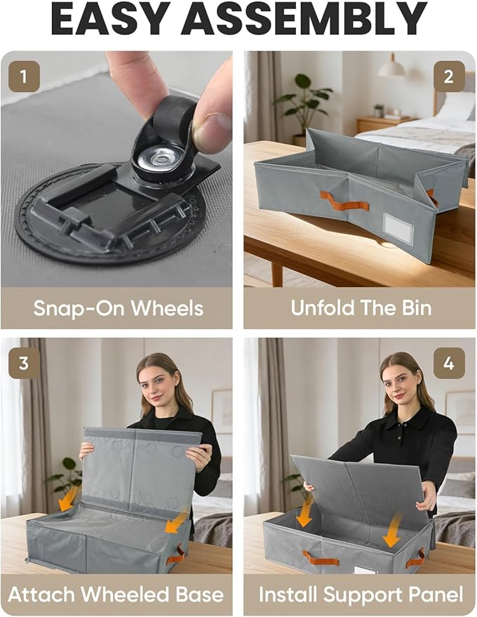 TOSKING 2-Pack Under Bed Storage Bins with Wheels, 4 Vacuum Bags, Heavy Duty 80 lbs, 7.9" Height, 47L Clear Lid Organizer, Space Saver for Dorm Bedroom Clothes Shoes Toys, Quick Assembly, Gray