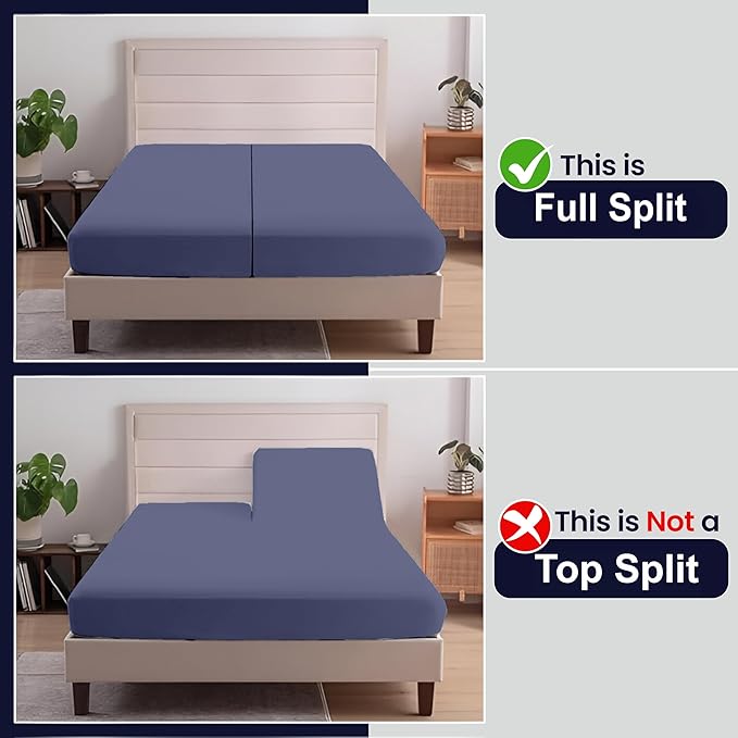 SGI Split King Sheet Set for Adjustable Bed Egyptian Premium Cotton 600 Thread Count Sheet for Sleep Number Bed 15" Deep Pocket 5 Pc Set with 2 Twin XL Fitted Sheets Soft Breathable Mediterranean Blue