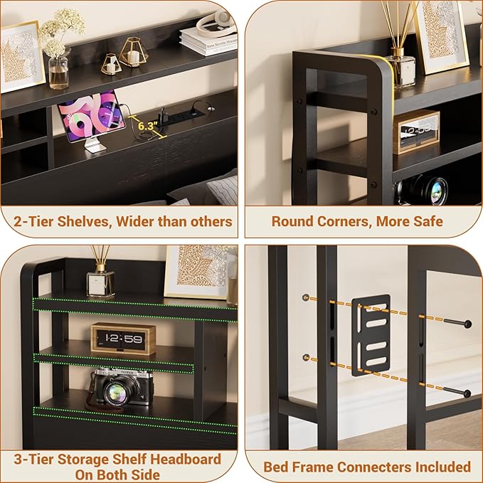 Aheaplus Headboard for Full Size Bed with Storage, Headboards with LED Light, Power Outlets, USB Ports Full Size Head Board, Wood headboard Only Sturdy and Stable Headboards, Modern, Black