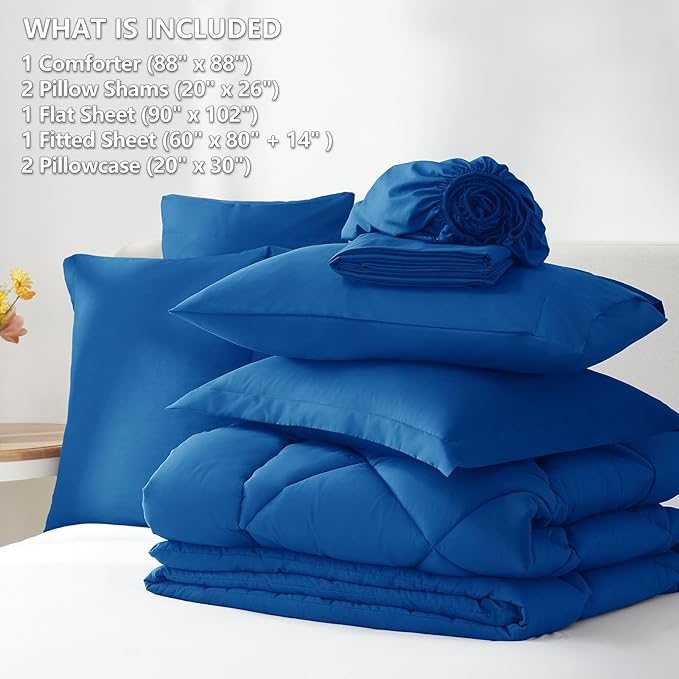 CozyLux Queen Comforter Set Classic Blue - Bed in a Bag Queen Size 7 Pieces, Luxury Soft Bed Set for All Seasons, Bedding Set with Down Alternative Comforter, Sheets, Pillowcases & Shams