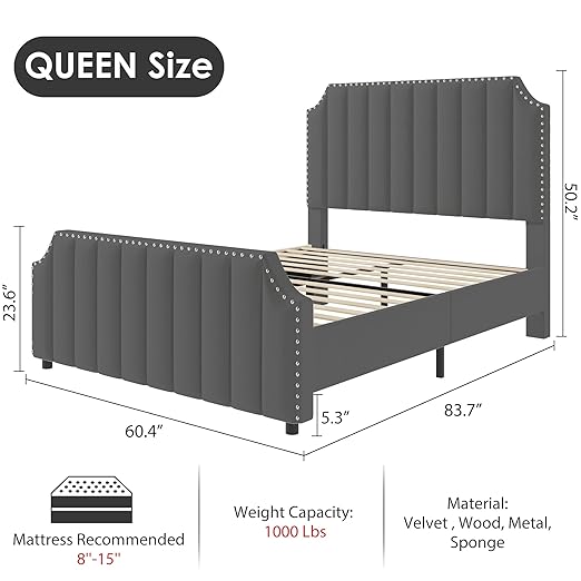 GarveeHome Queen Size Platform Bed Frame with 50.2 in Headboard, Velvet Upholstered Bed Frame with Vertical Channel Tufted Headboard & Footboard, Nailhead Trim, No Box Spring Needed, Grey