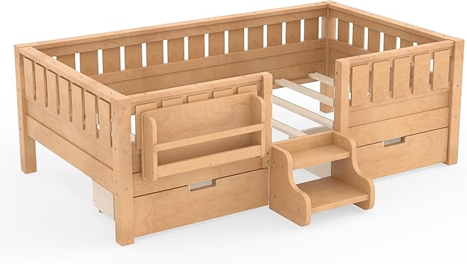 Bellemave Twin Bed with Storage Drawers & Bookshelf, Low Profile Kids Bed Frame with Staircase & Full Length Guardrails, Solid Wood Twin Bed for Kids with Slats Load 300LBS, Easy Assembly, Natural