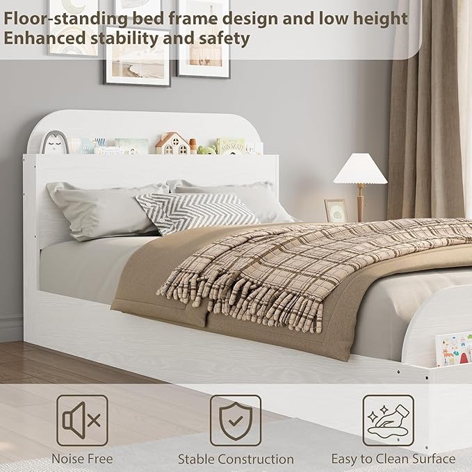 Garvee Twin Bed Frame with Headboard & Footboard – Low Platform Kids Bed, Wooden Twin-Floor Design, Noise-Free, No Box Spring Needed, White