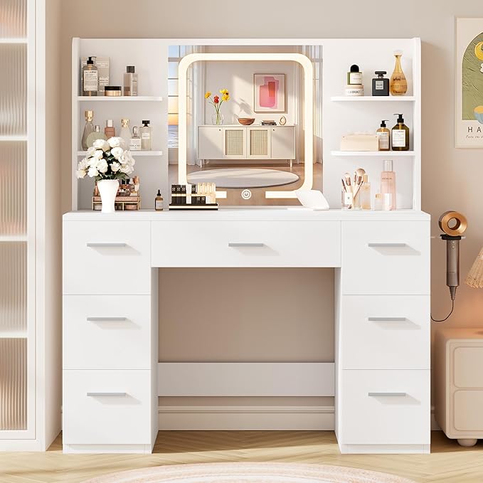 LIVELYGLOW White Large Makeup Vanity Desk with Smart LED Mirror & Power Station, 43" Professional Dressing Table with 7 Drawers, 4 Open Shelves & Hairdryer Holder for Bedroom