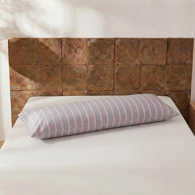 Merryword Body Pillow Cover 20x54inches, 100% Cotton Pillow Case, Gray and Pink Striped Pillowcase, Luxury Linen Like Pillowcase, Soft Breathable Wide Stripes Long Pillowcase, 1-Piece