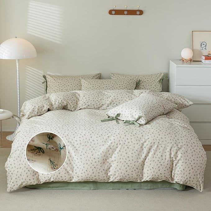 mixinni Country Style Duvet Cover King Size - Cottagecore Green Floral Vintage Bedding 3PC with Bow Ties Pillowcases, 100% Cotton Soft Aesthetic Boho Comforter Cover for Girls-King Size