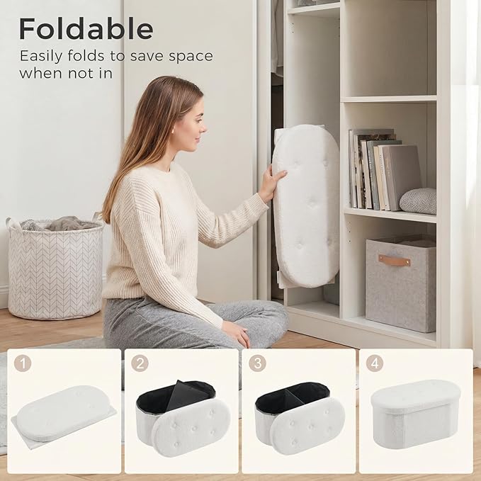 DUMOS Folding Storage Ottoman Bench, Oval Round Ottoman End of Bed Foot Rest Bench Stool with Cushion, Storage Chest for Bedroom, Living Room, Entryway, Dorm, Teddy Fabric, White