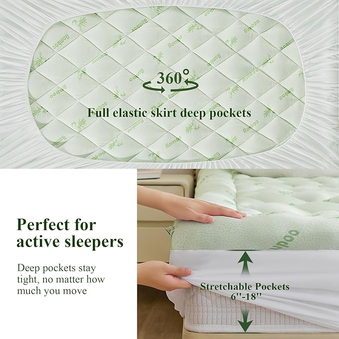 King Mattress Topper, Viscose Derived from Bamboo Thick Pillow Top Mattress Pad with Deep Pocket, Naturally Cooling for Hot Sleepers, Soft for Back Pain Relief, Premium Green