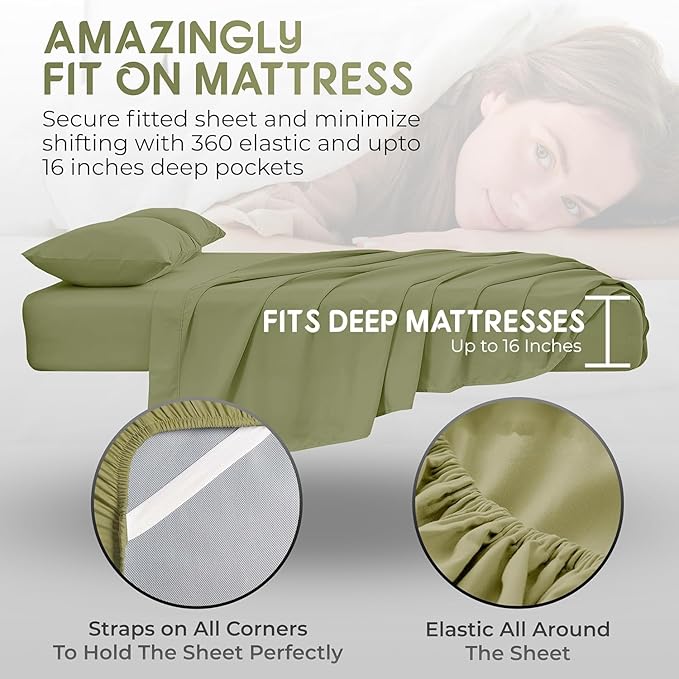 Top Split King Sheets Sets for Adjustable Bed, 4 Pcs Deep Pockets Double Brushed Microfiber Sheets, 34 Inch Split Top Fitted Sheet, 1 King Flat Sheet and 2 Pillowcases (Sage)
