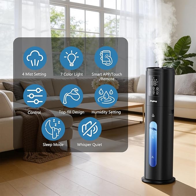 Humidifiers for Bedroom Large Room with 7L/1.85Gal Room Humidifier for Bedroom Large Humidifier, Smart App & Remote Control, 4 Mist Levels Humidifiers Midnight