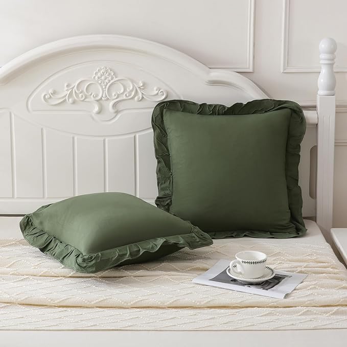 Merryword Olive Green Pillowcases 18x18 Cute Throw Pillow Covers Pack of 2 Ruffle Pillowcase Cushion for Couch Sofa Bedroom