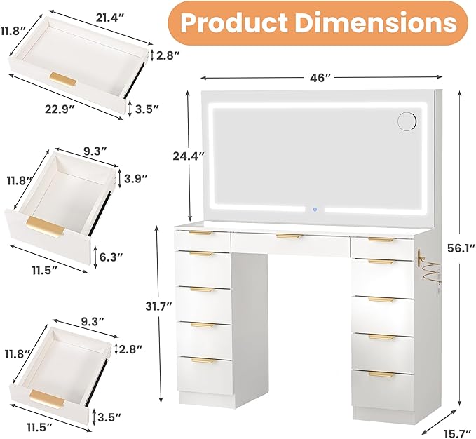 Pamapic Glass Top Vanity Desk with LED Lighted Mirror, 11 Drawers Vanity Desk with Charging Station, 3 Lighting Modes Dressing Table, Golden Handles, Makeup Table, White