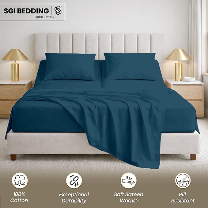 SGI bedding 28" King Split Top Flex Head Sheet 100% Egyptian Cotton Sheet Set 1000 Thread Count Flex Top Sheet for Adjustable Bed 4Pc Sheet Set 15" Deep Pocket for Sleep Number Bed - Teal