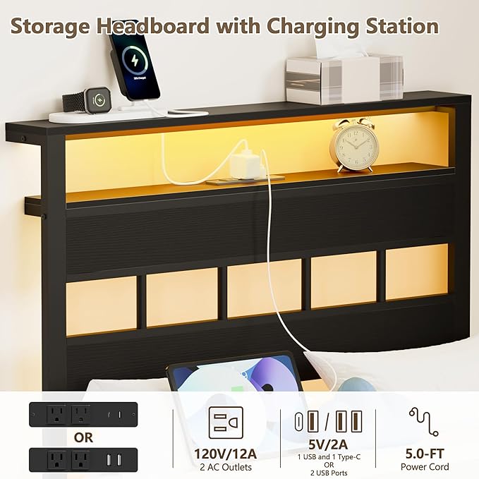 Furnulem Twin Bed Frames with Charging Station and LED Lights, Twin Size Platform Bed with Metal Slats, Wood Headboard with 2-Tier Storage Shelves, No Box Spring Needed, Black Oak