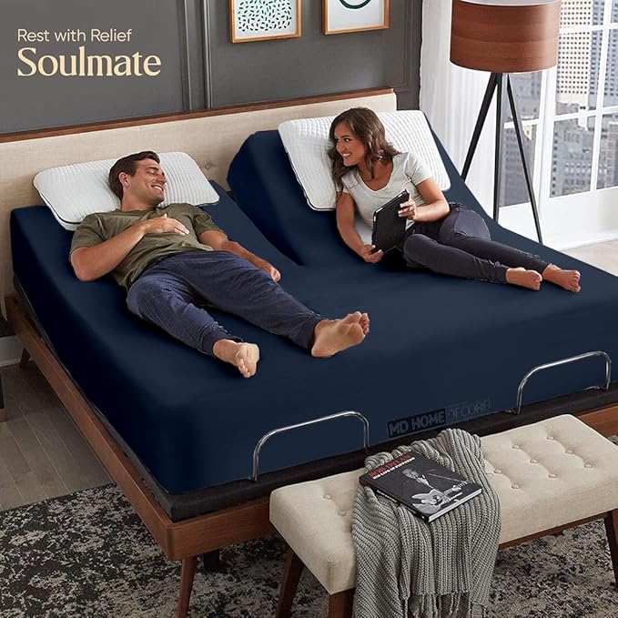 4 Piece Split Head Flex Sheet Set, 34" Top Split King Sheets for Adjustable Beds, 100% Egyptian Cotton, 16 Inch Deep Pocket, Soft Durable Breathable Sheets, Navy Blue Solid, Ideal for Adjustable Beds