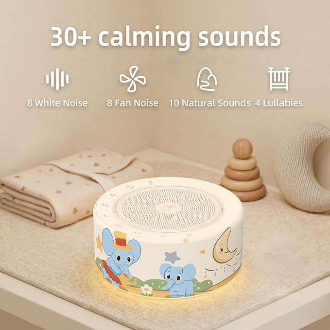 Kipcush White Noise Machine - Soft Non-Glare Nursery Lamp, 30 Soothing Sounds, 8 Color Lights, Max 8-Hour Timer for Baby & Adults (A Baby Elephant, Standard)