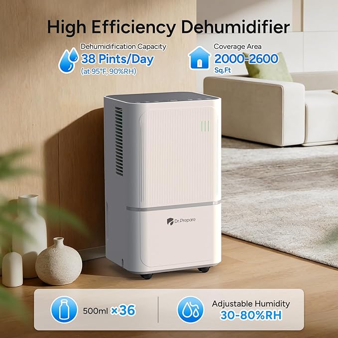 DR.PREPARE 2500-2600 Sq.Ft Dehumidifier for Home with Drain Hose, 38 Pints/Day Dehumidifier for Basement, Bedroom, Bathroom, Dry Clothes, Intelligent Humidistat, 3 Modes, 24H Timer, 0.53 Gal Bucket