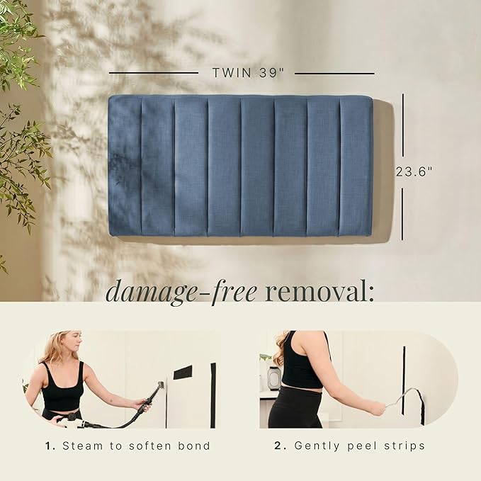 Hearth & Harbor Upholstered Twin Headboard - Easy Assemble Channel Stitched Headboard Twin Size - Wall Mounted Headboards with 3D Soundproof Wall Panels Peel & Stick Floating Headboards, Slate Blue