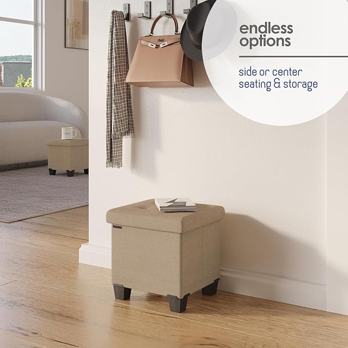 Storage Ottoman Cube with Small Bin, 15-in Square Ottoman with Storage for Living Room and Bedroom, Small Ottomans Foot Rest, Fabric Foot Stools Ottomans Max 330lbs, Taupe