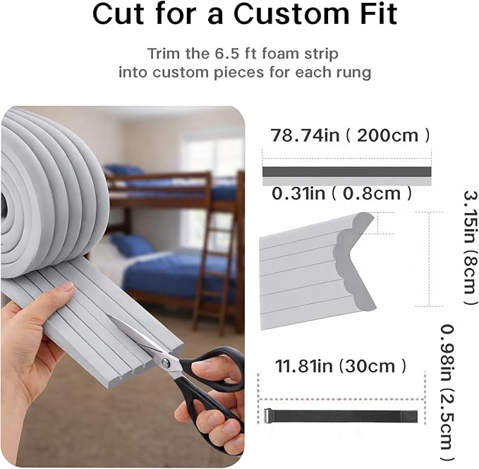 Bunk Bed Ladder Pads 6.5 Ft with 10 Adjustable Straps, Soft Foam Ladder Cover for Loft Bed, Cushioned Step Pads for Comfortable Climbing, Secure Fit, Gray