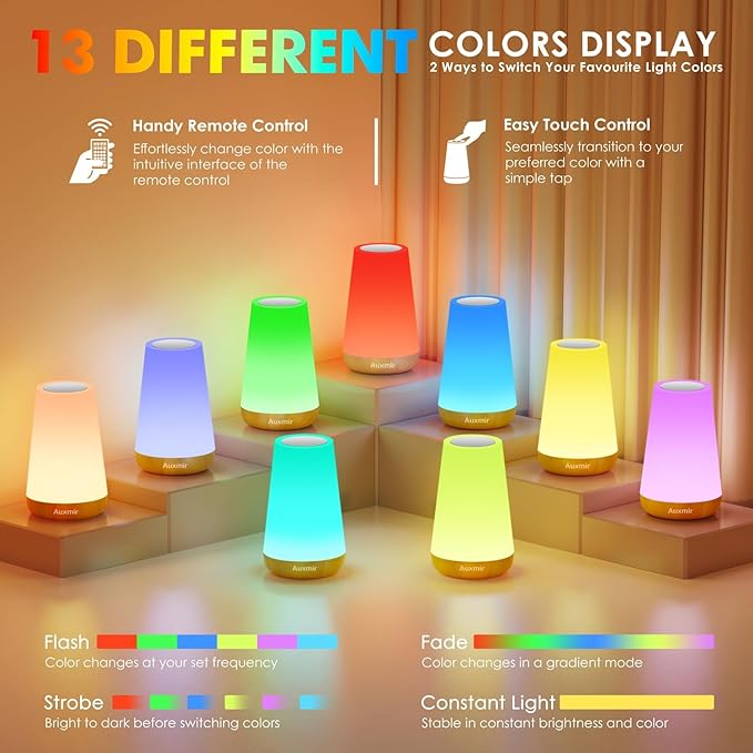 Auxmir Rechargeable LED Night Light, Touch & Remote Control Bedside Lamp with 13 Colors, 5 Brightness Levels, Portable Table Lamp for Kids Baby Nursery, Bedroom, Bathroom, Camping, Light Brown-2 Pack