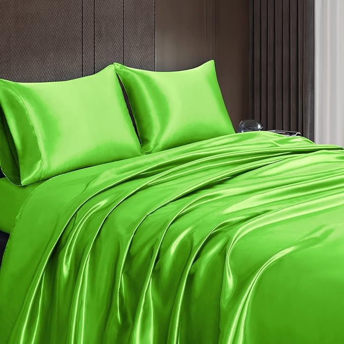 Homiest 4pcs Satin Sheets Set Luxury Silky Satin Bedding Set with Deep Pocket, 1 Fitted Sheet + 1 Flat Sheet + 2 Pillowcases (King Size, Lime Green)
