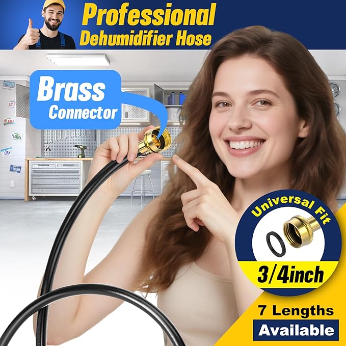8FT Dehumidifier Drain Hose with 3/4 Inch FHT Connector, Featuring Rust-Resistant Brass Fittings for Leak-Proof Connection, Perfectly Compatible with Most Dehumidifier Brands（7 Length Options）