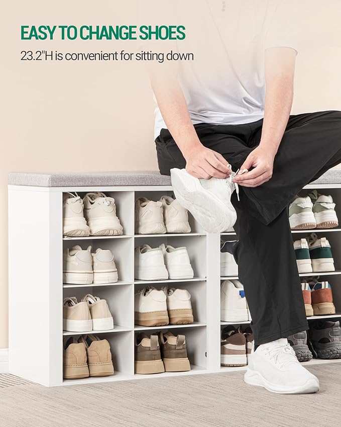 Hzuaneri Shoe Bench with Cushion, Entryway Storage Bench with 16 Cubbies, Cubby Shoe Rack with Adjustable Shelves, Shoe Organizer Cabinet for Living Room, Bedroom, Entryway, White SB25603GY